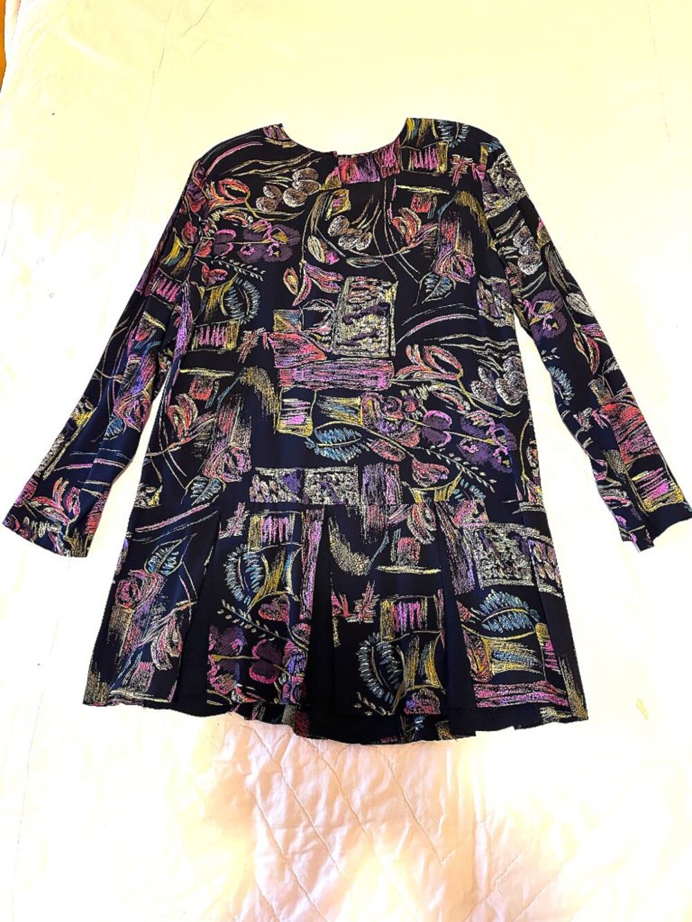 Vintage Carole Little Art Print Tunic Top Black Colorful Chalk Design Size 12